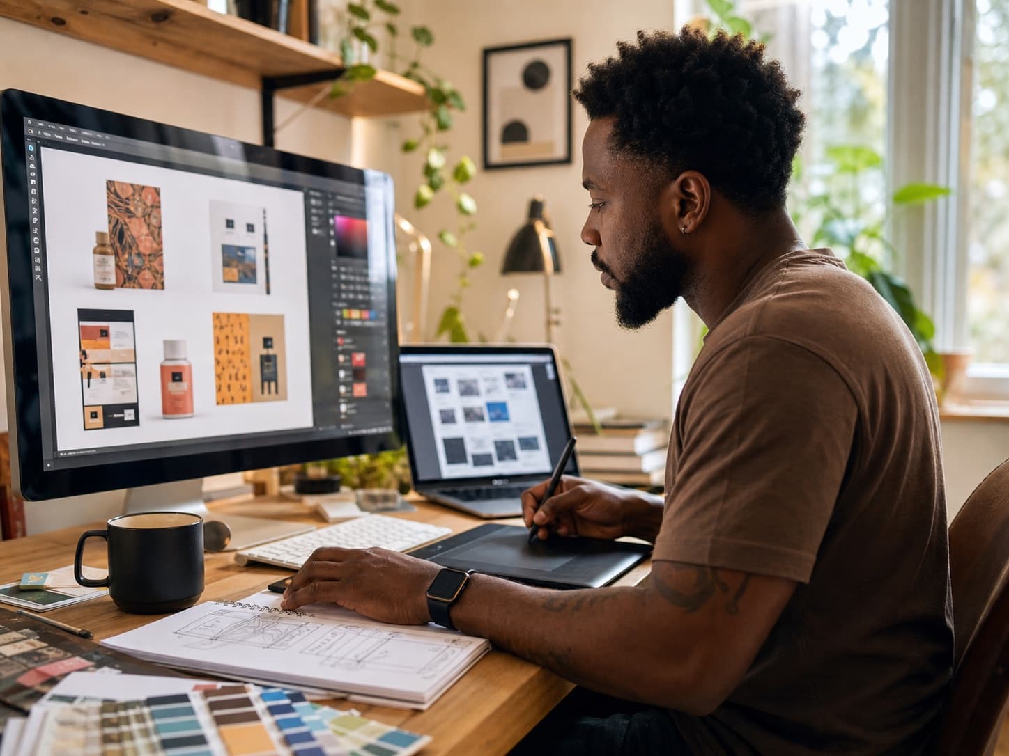 Designer organizando projetos de identidade visual em seu estúdio