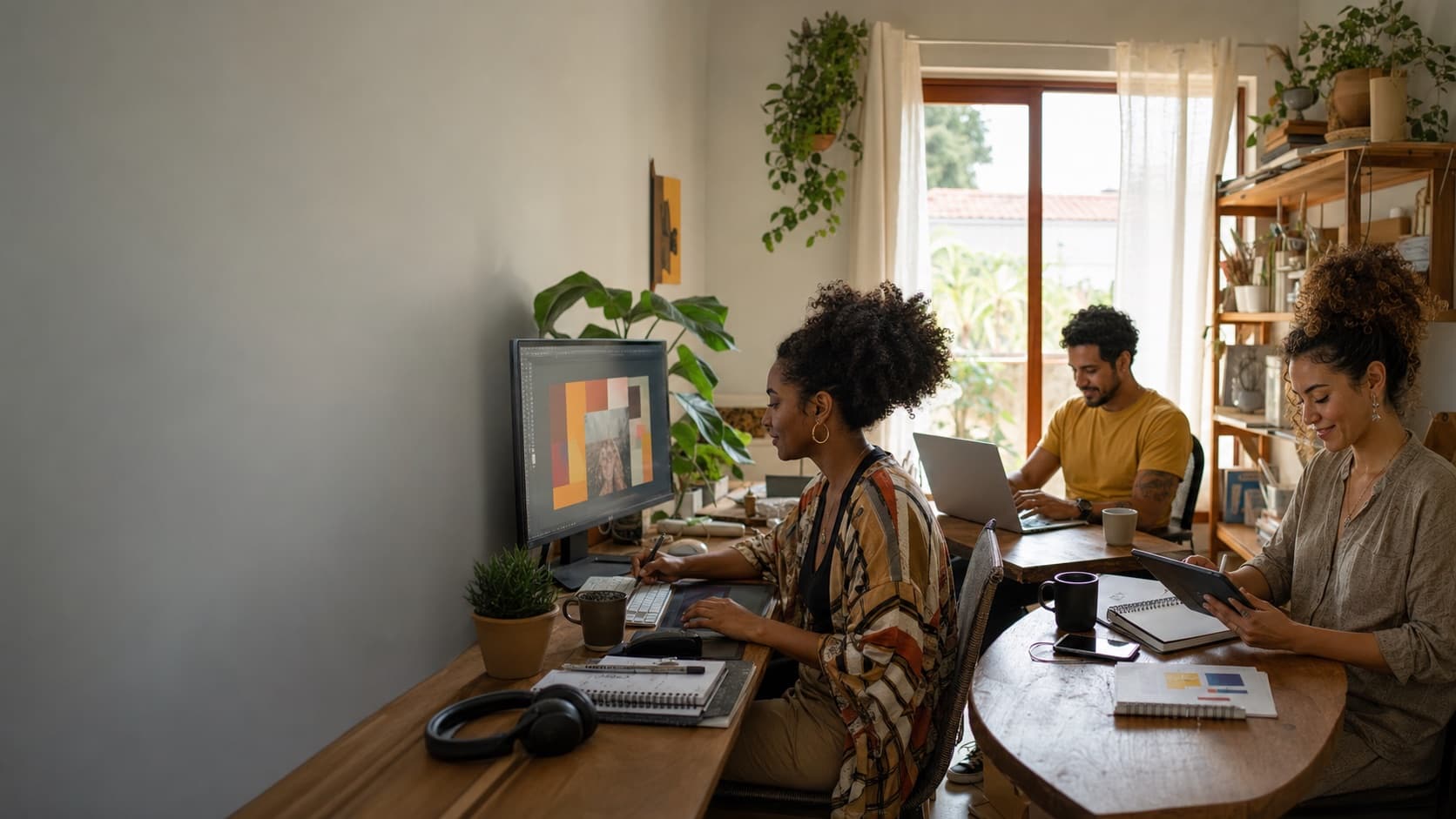Freelancers trabalhando juntos em um estúdio dentro de casa